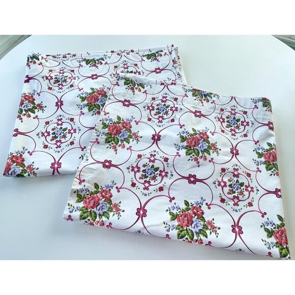 Vintage 60s curtains, pink medallions, Cabbage Roses provencal print, pair - Picture 1 of 10